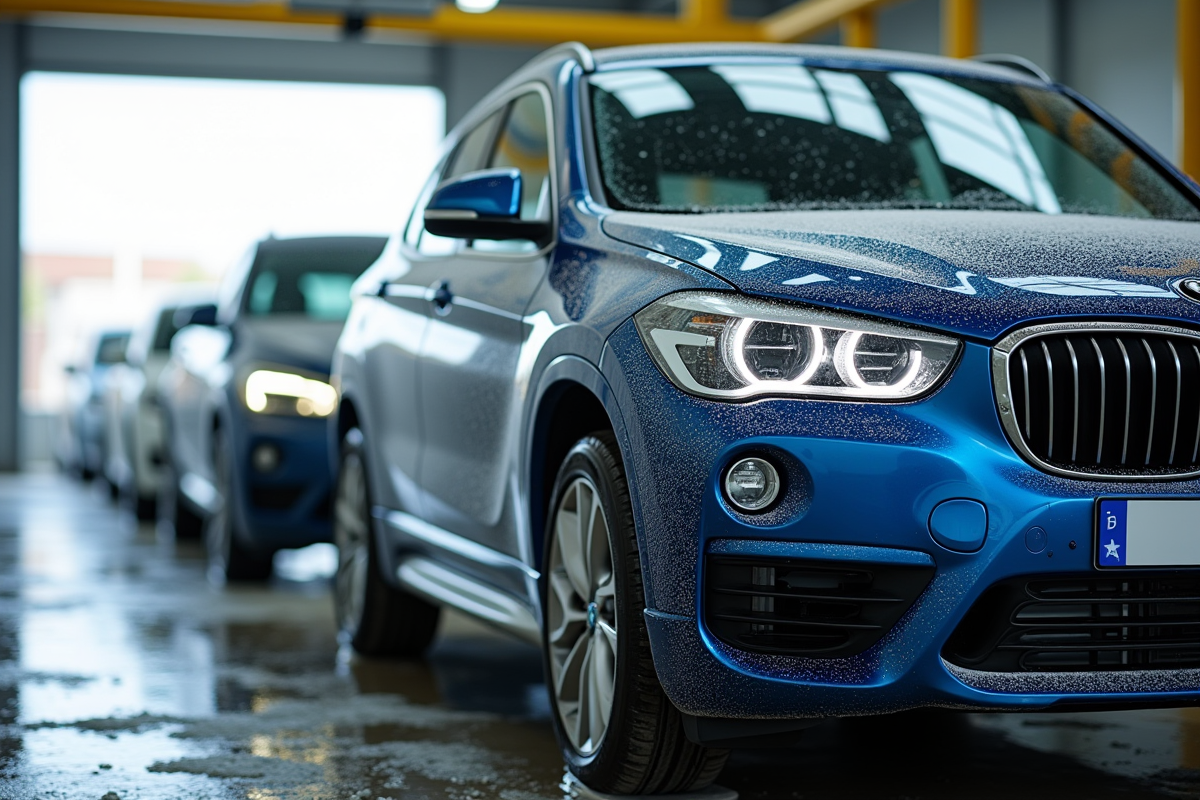 Trois SUV économiques en lavage auto avec bulles et éclaboussures