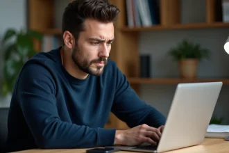 Homme adulte utilisant un ordinateur portable et un smartphone simultanément dans un bureau à domicile, illustrant l'accès multi-appareils à un espace membre en ligne