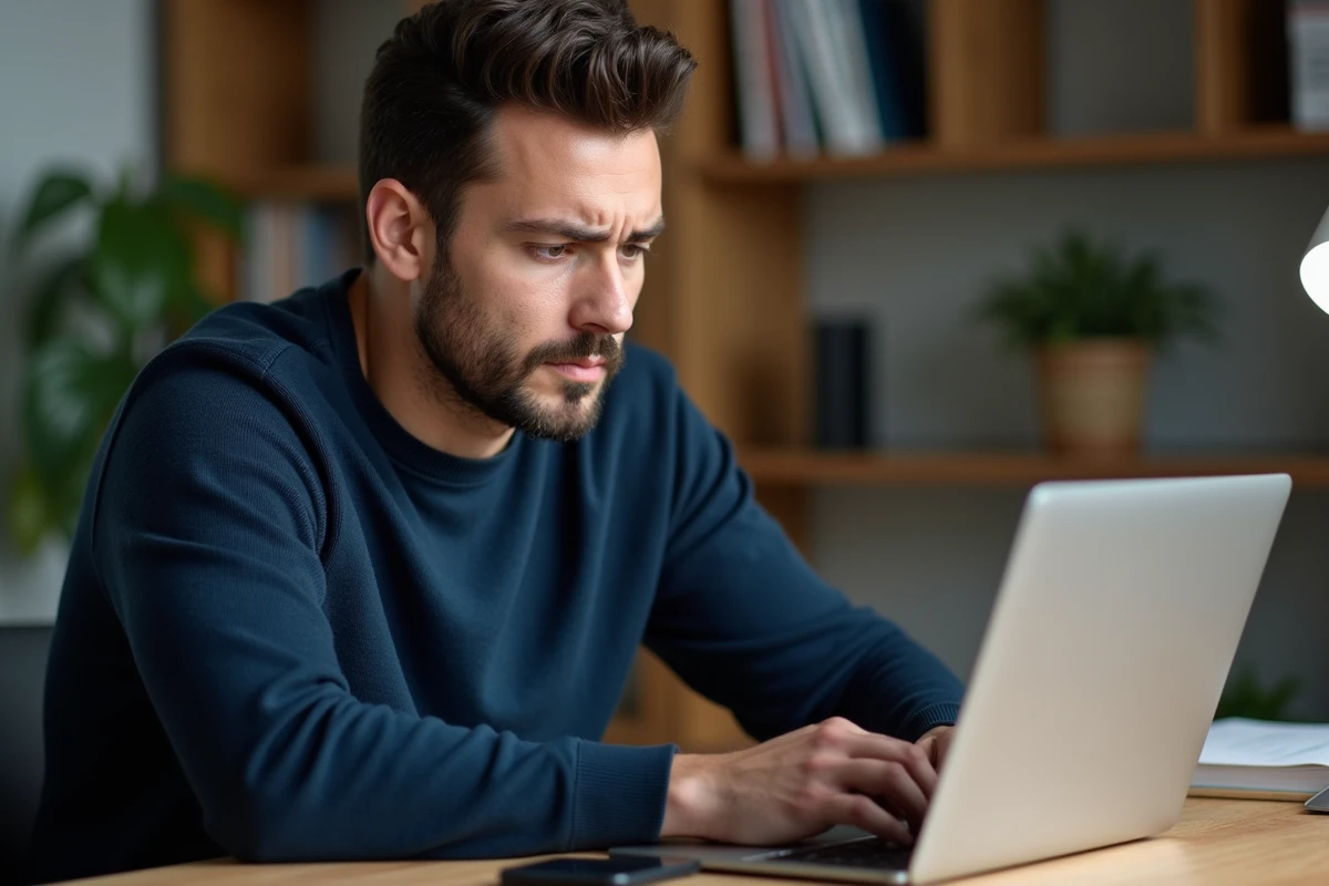 Homme adulte utilisant un ordinateur portable et un smartphone simultanément dans un bureau à domicile, illustrant l'accès multi-appareils à un espace membre en ligne