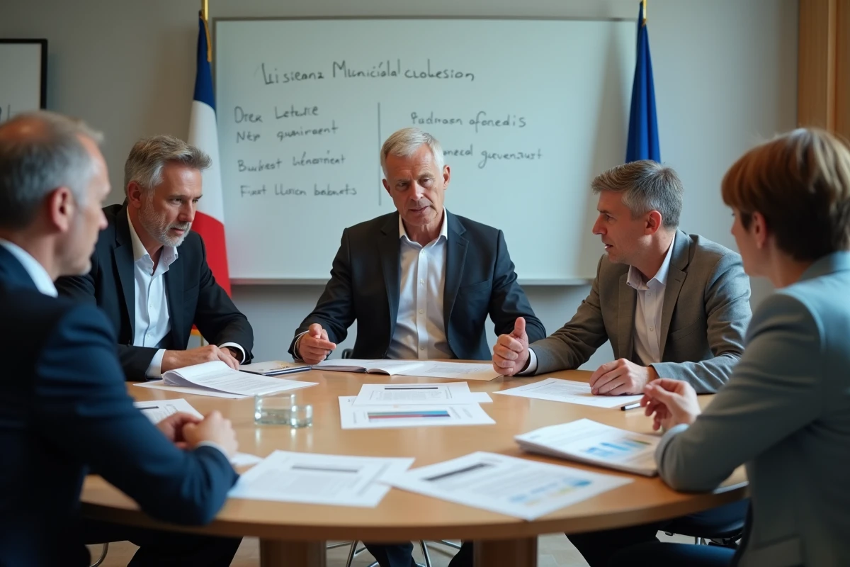 Adjoints au maire réunis en salle de conseil municipal pour discuter du calcul des indemnités des élus en 2026