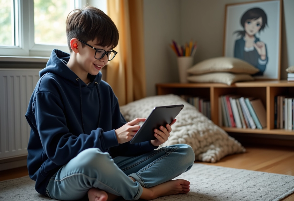 Adolescent souriant utilisant une tablette pour lire du manga