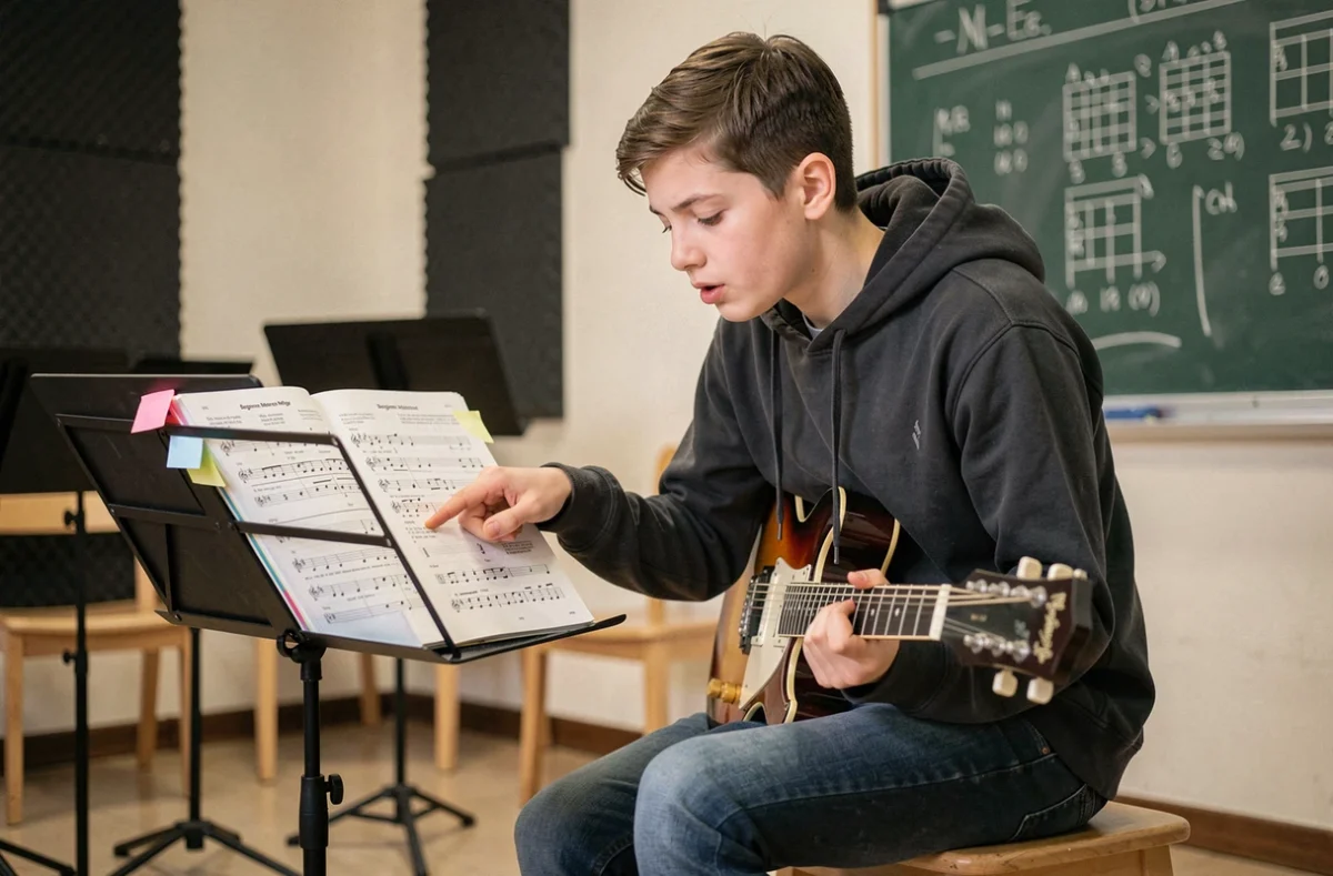 Adolescent guitariste débutant en salle de cours de musique étudiant une méthode de tablature guitare sur pupitre