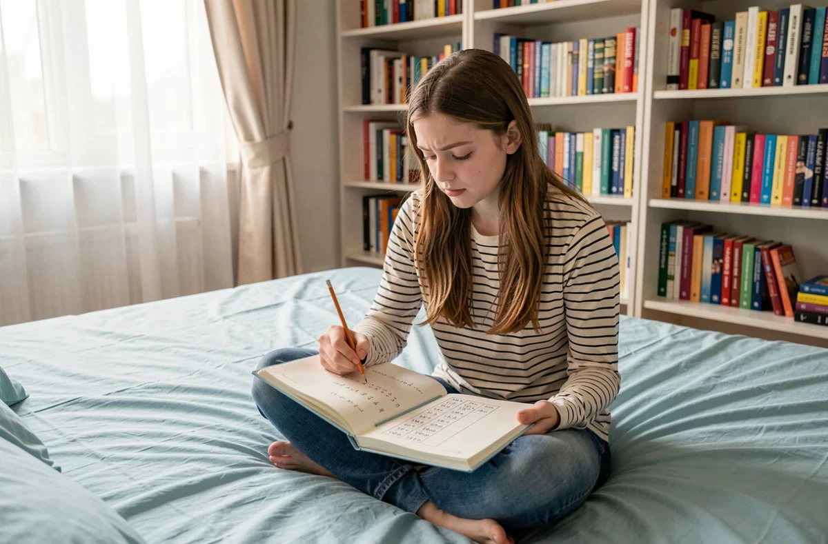 Adolescente écrivant un tableau de conversion heure AM PM en 24h dans son carnet sur son lit