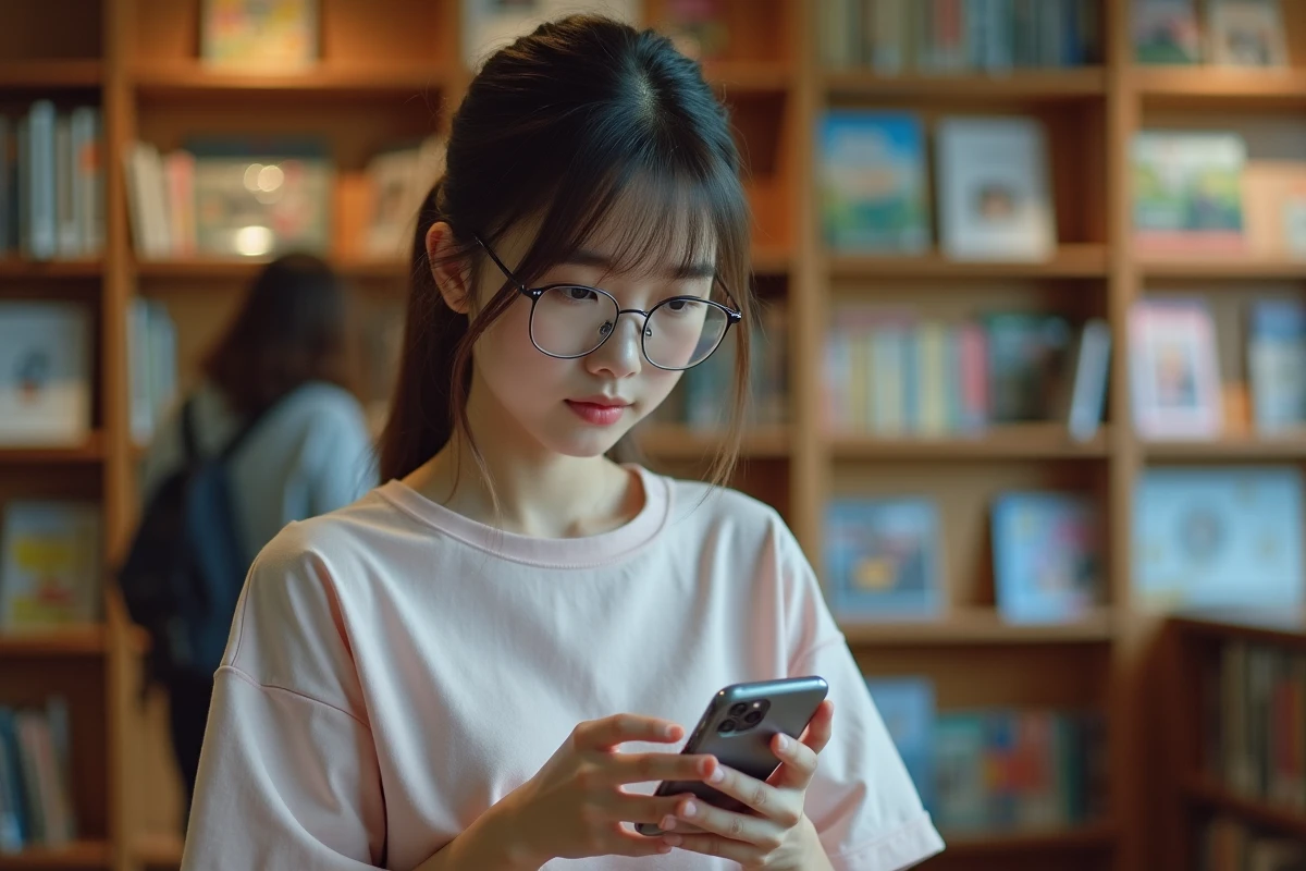 Adolescente consultant un site de scan manga sur smartphone dans une bibliothèque publique