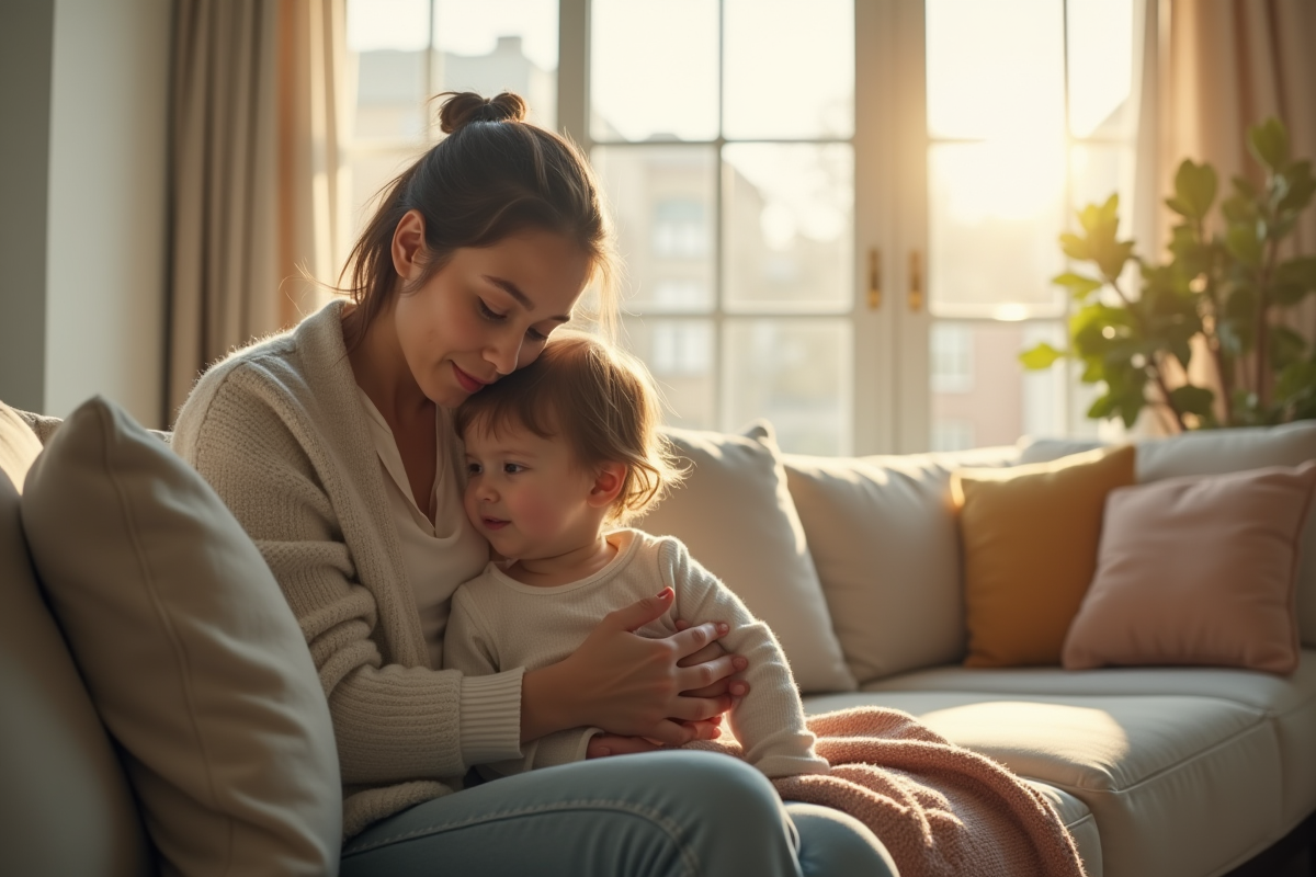 Adulte réconfortant un enfant dans un salon lumineux