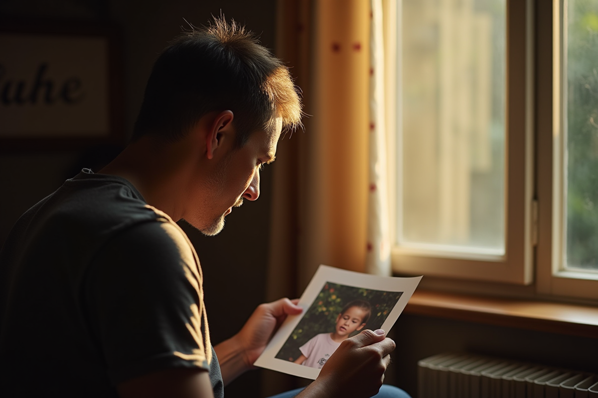 Adulte réfléchissant en regardant une photo d