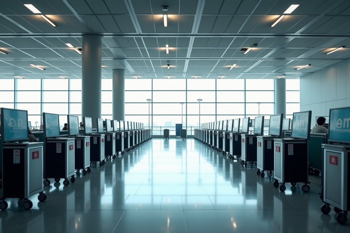 Terminal d'aéroport désert avec comptoirs vides et bagages abandonnés