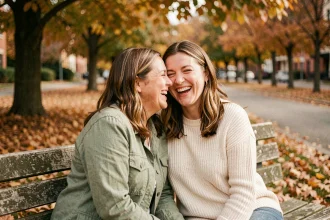 Deux amies adultes riant ensemble sur un banc en bois dans un parc en automne, illustrant une amitié forte et sincère