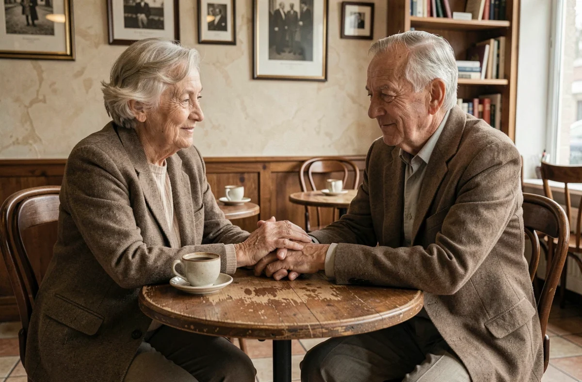 Deux amis âgés assis dans un café chaleureux, mains enlacées, évoquant une amitié de toujours profonde et sincère