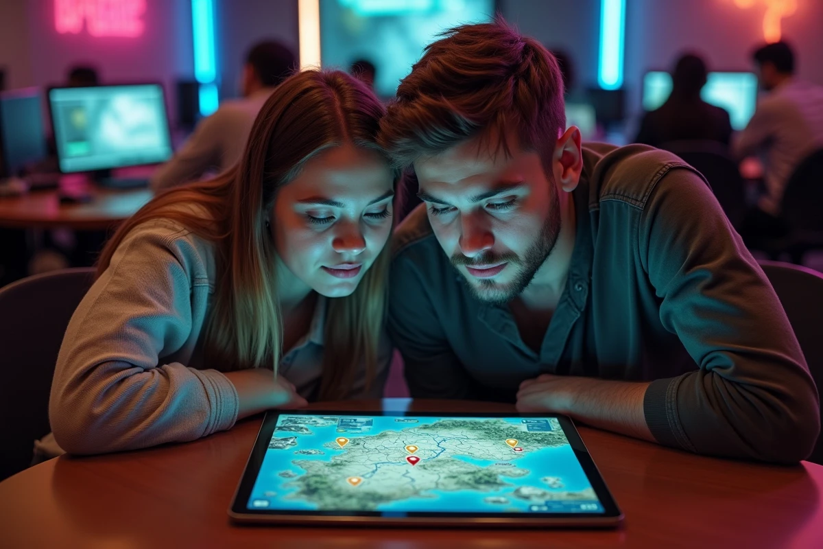Deux amis adultes dans un café gaming consultant ensemble une carte interactive de quêtes et de trajets optimisés sur une tablette