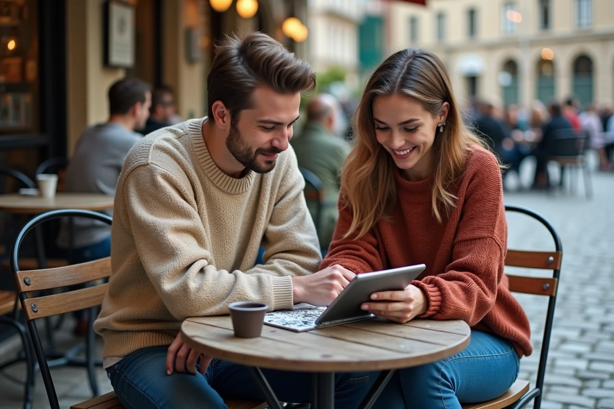 Deux amis discutant avec tablette dans un café en plein air