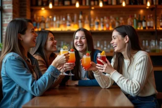 Groupe d'amis trinquant dans un bar à Lille