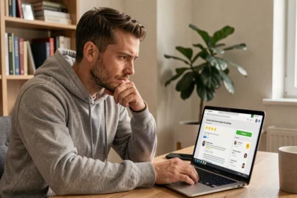 Un homme analysant un avis de site web suspect sur son ordinateur portable dans un bureau à domicile