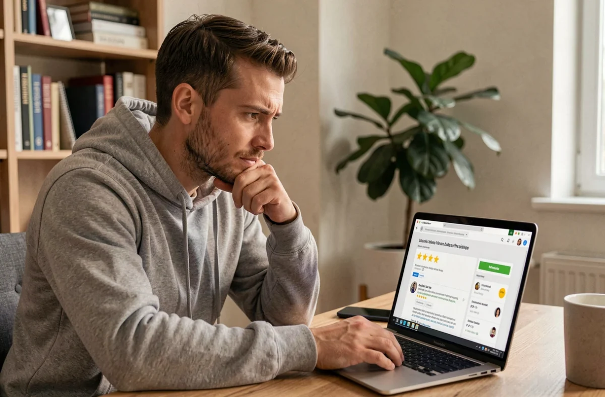 Un homme analysant un avis de site web suspect sur son ordinateur portable dans un bureau à domicile