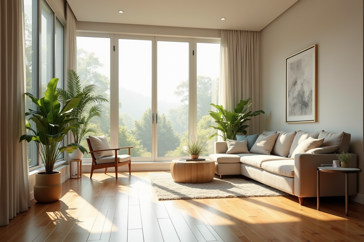 Intérieur lumineux d un appartement moderne avec grandes fenêtres