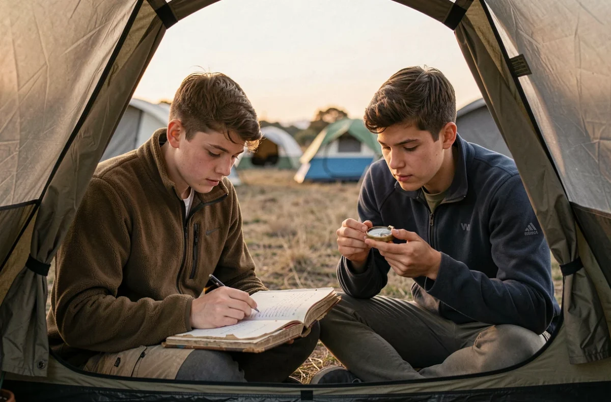 Deux jeunes candidats révisant leur itinéraire et leur boussole dans une tente lors du tournage des Apprentis Aventuriers 2026
