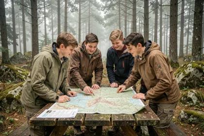 Groupe de jeunes aventuriers étudiant une carte topographique en forêt lors d'une saison de télé-réalité aventure 2026