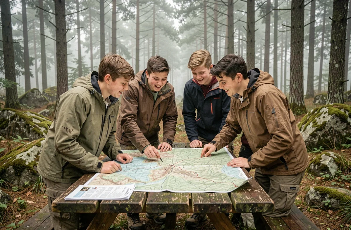 Groupe de jeunes aventuriers étudiant une carte topographique en forêt lors d'une saison de télé-réalité aventure 2026