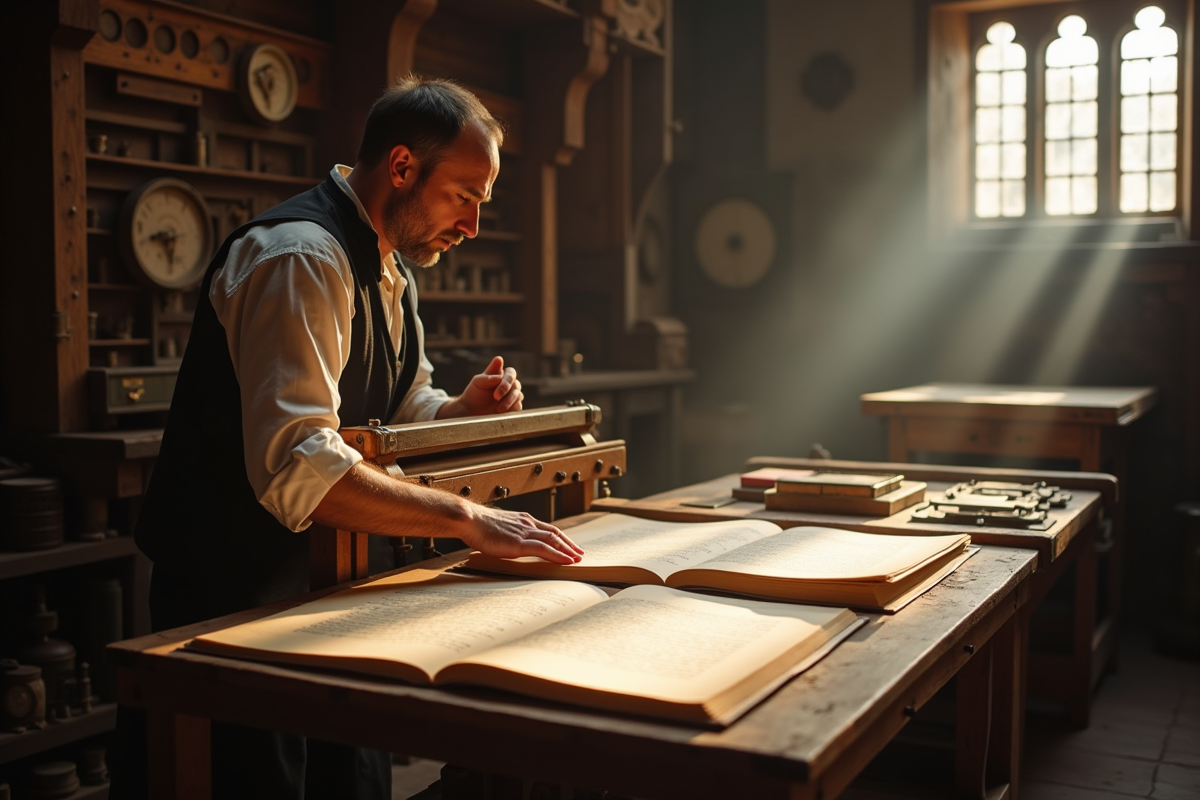 Artisan utilisant une presse à imprimer en atelier renaissance
