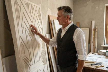 Artiste Art déco examinant un panneau architectural en relief géométrique dans un atelier parisien