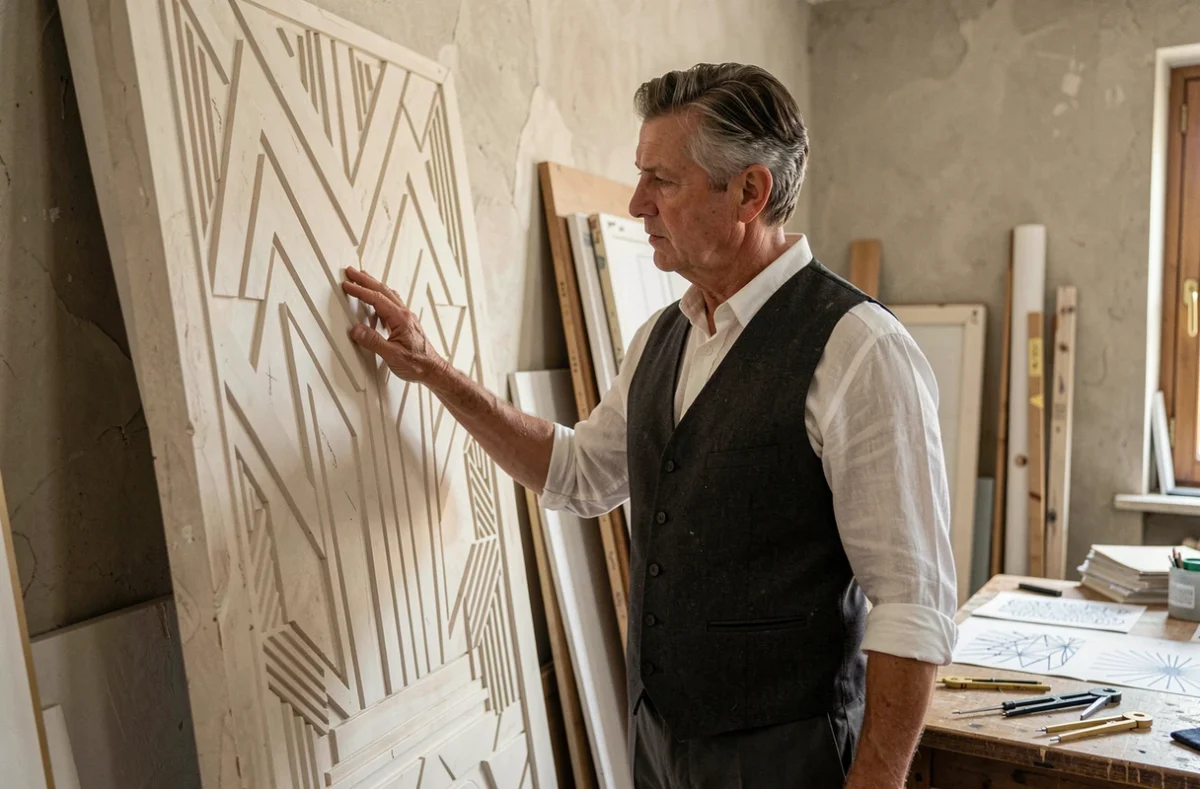 Artiste Art déco examinant un panneau architectural en relief géométrique dans un atelier parisien