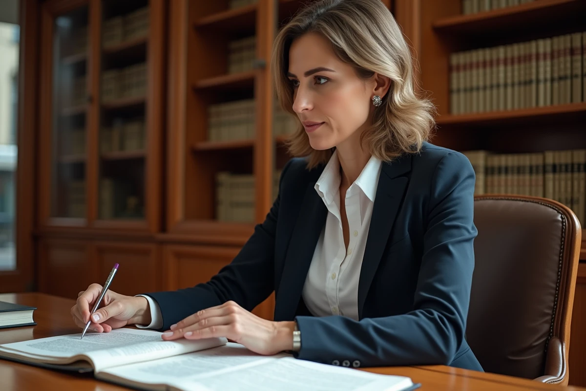 Avocate étudiant des documents juridiques sur la caducité et l'inefficacité des contrats dans un bureau rempli de codes civils