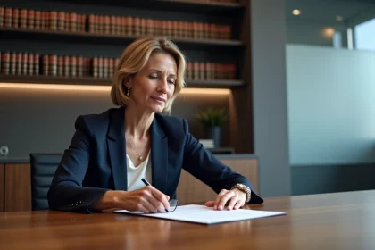 Avocate en droit des contrats examinant une lettre d'intention dans un cabinet juridique parisien, illustrant l'article 1112-1 du Code civil sur les négociations précontractuelles