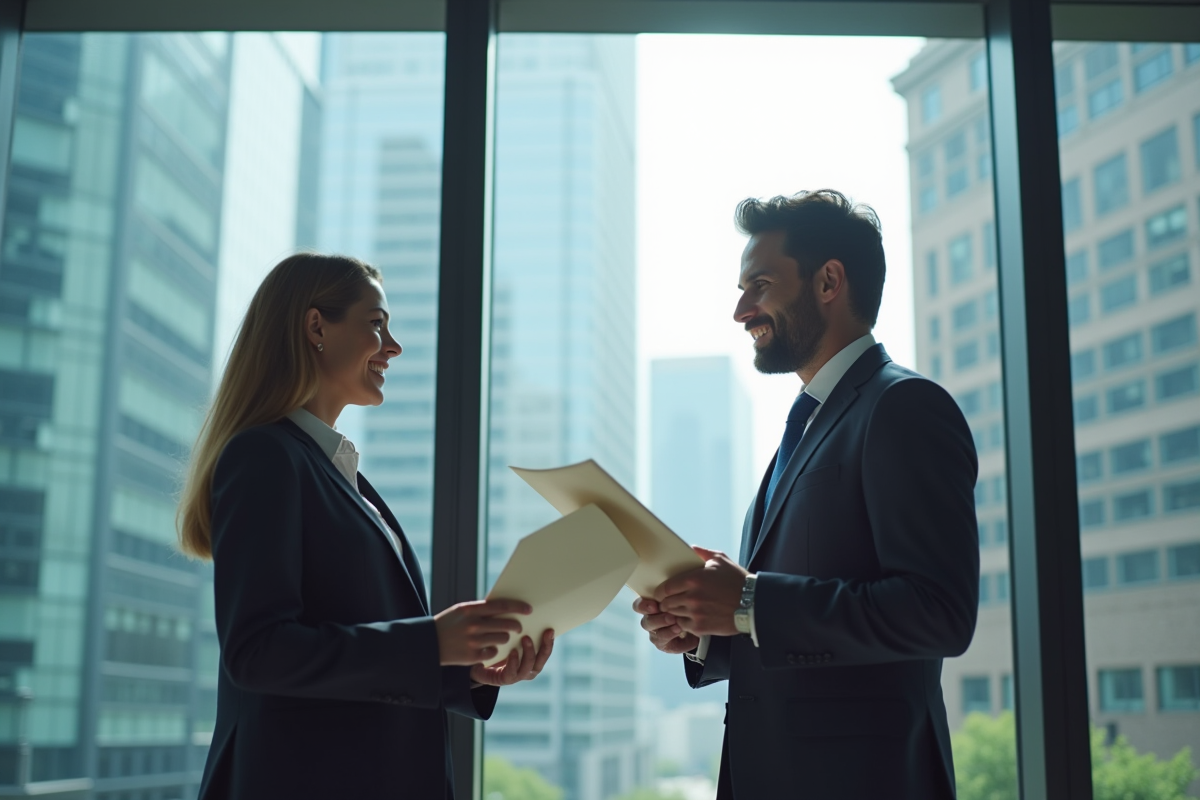 Banquiers professionnels échangeant des documents dans un bureau moderne