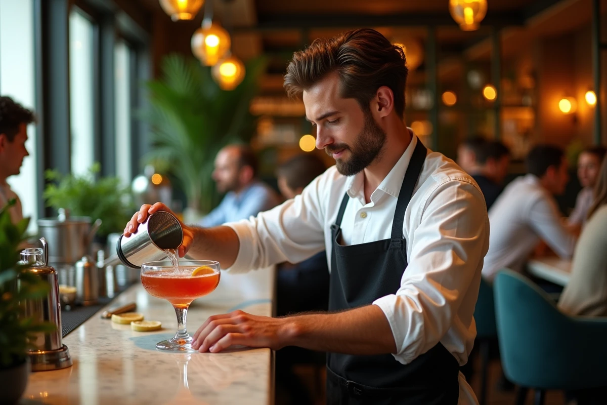 Barman versant un cocktail dans un bar &eacute;l&eacute;gant &agrave; Lille