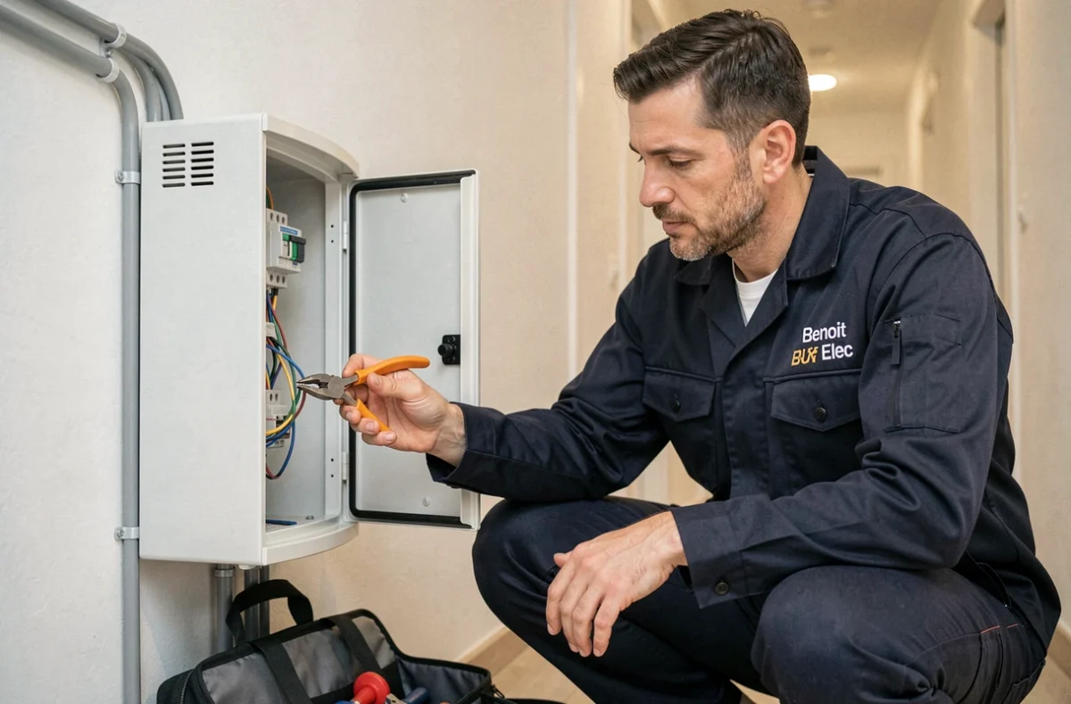Électricien de Benoit Elec connectant des câbles dans un tableau électrique résidentiel