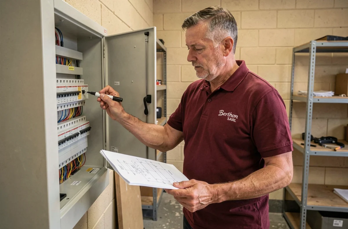 Électricien de Berthon SARL étiquetant un tableau de distribution électrique dans un commerce
