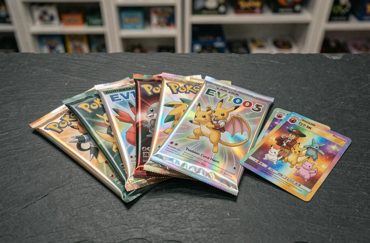 Boosters Pokémon EV10.5 étalés en éventail avec cartes holographiques rares sur surface en ardoise sombre