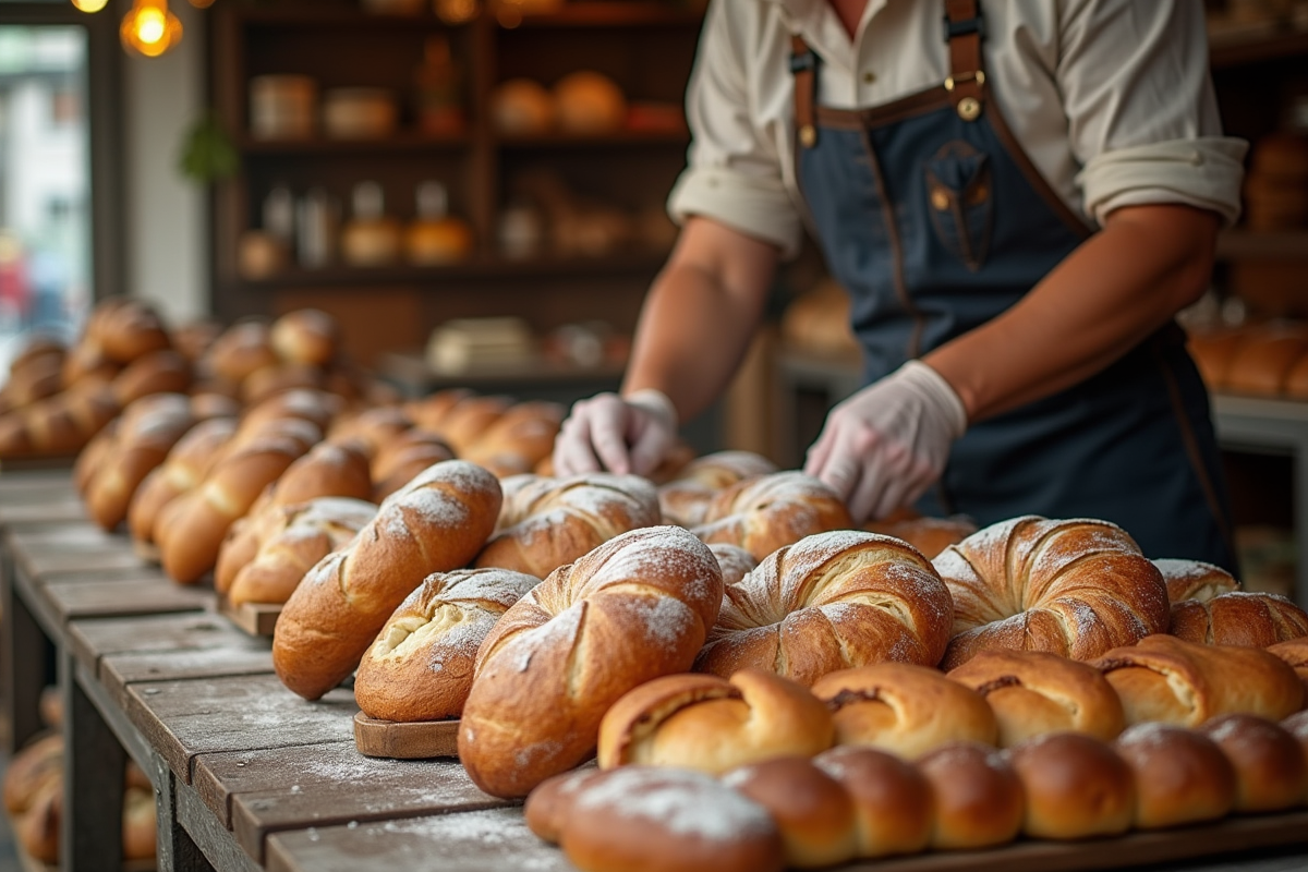 Boulanger artisan préparant des viennoiseries dans un marché