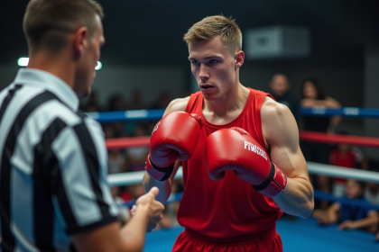 Jeune boxeur en action dans le ring avec arbitre