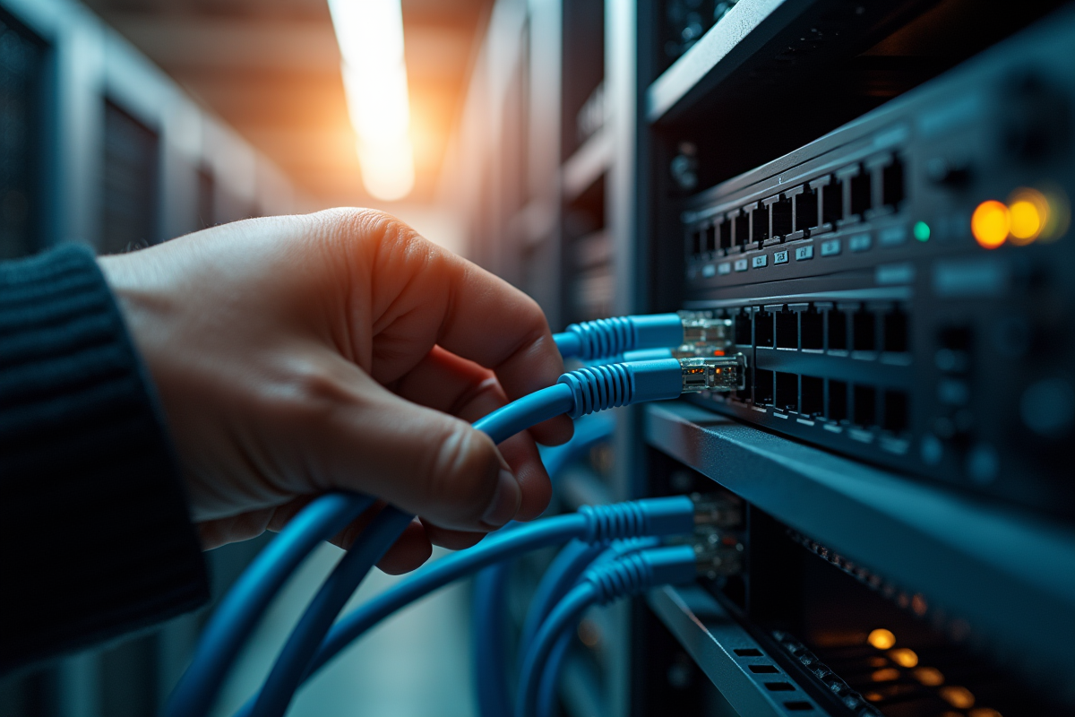 Main branchant un câble réseau dans un serveur pour la cybersécurité
