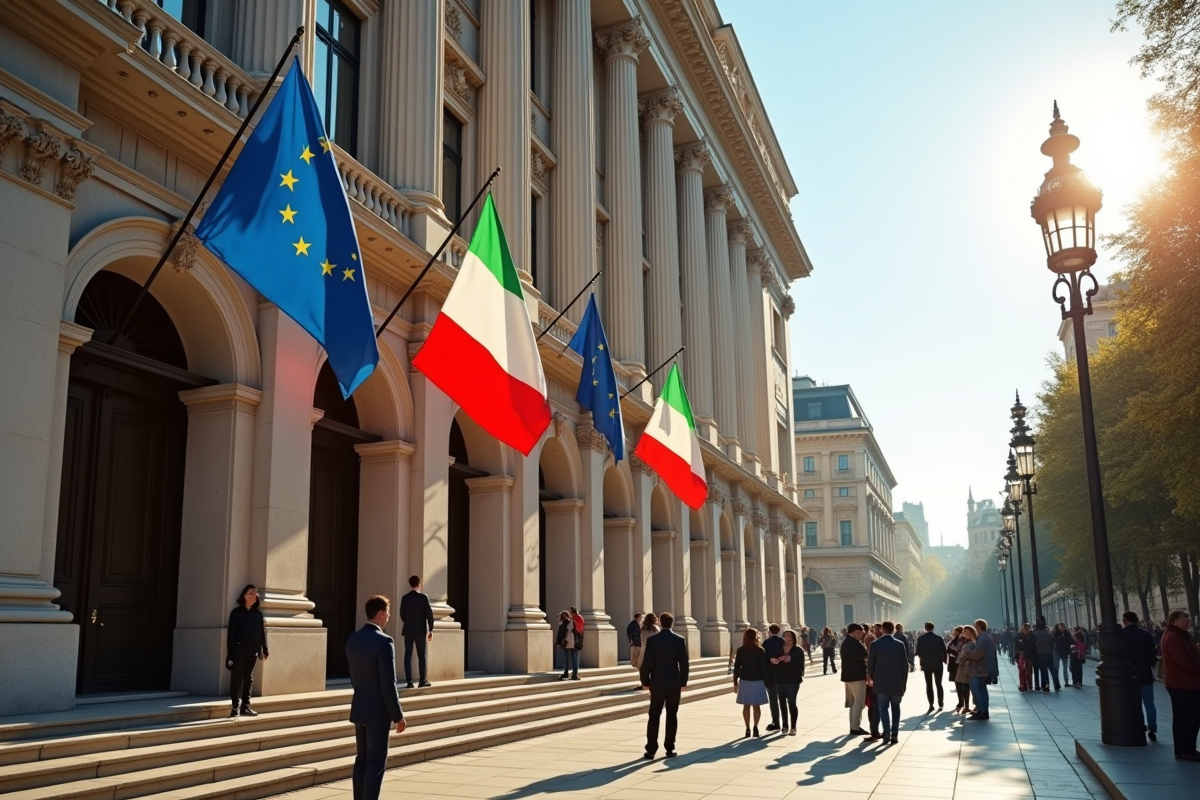 Bâtiment officiel italien avec drapeaux européens et italiens