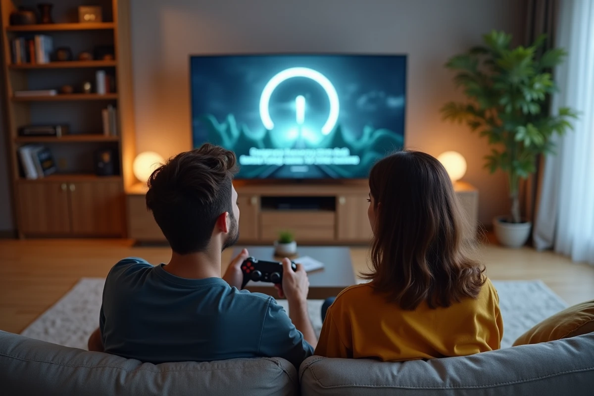Deux joueurs perplexes face à un bug de portail sur un écran de jeu en salon