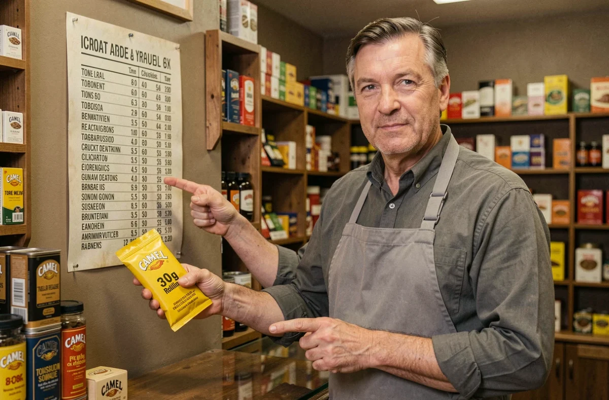 Buraliste tenant un paquet de tabac Camel 30g devant un présentoir de prix en bureau de tabac