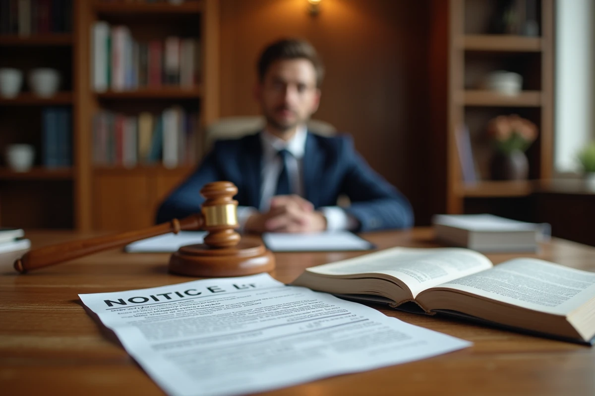 Bureau juridique avec une contravention routière, un code de la route et un marteau de juge posés sur une table en bois