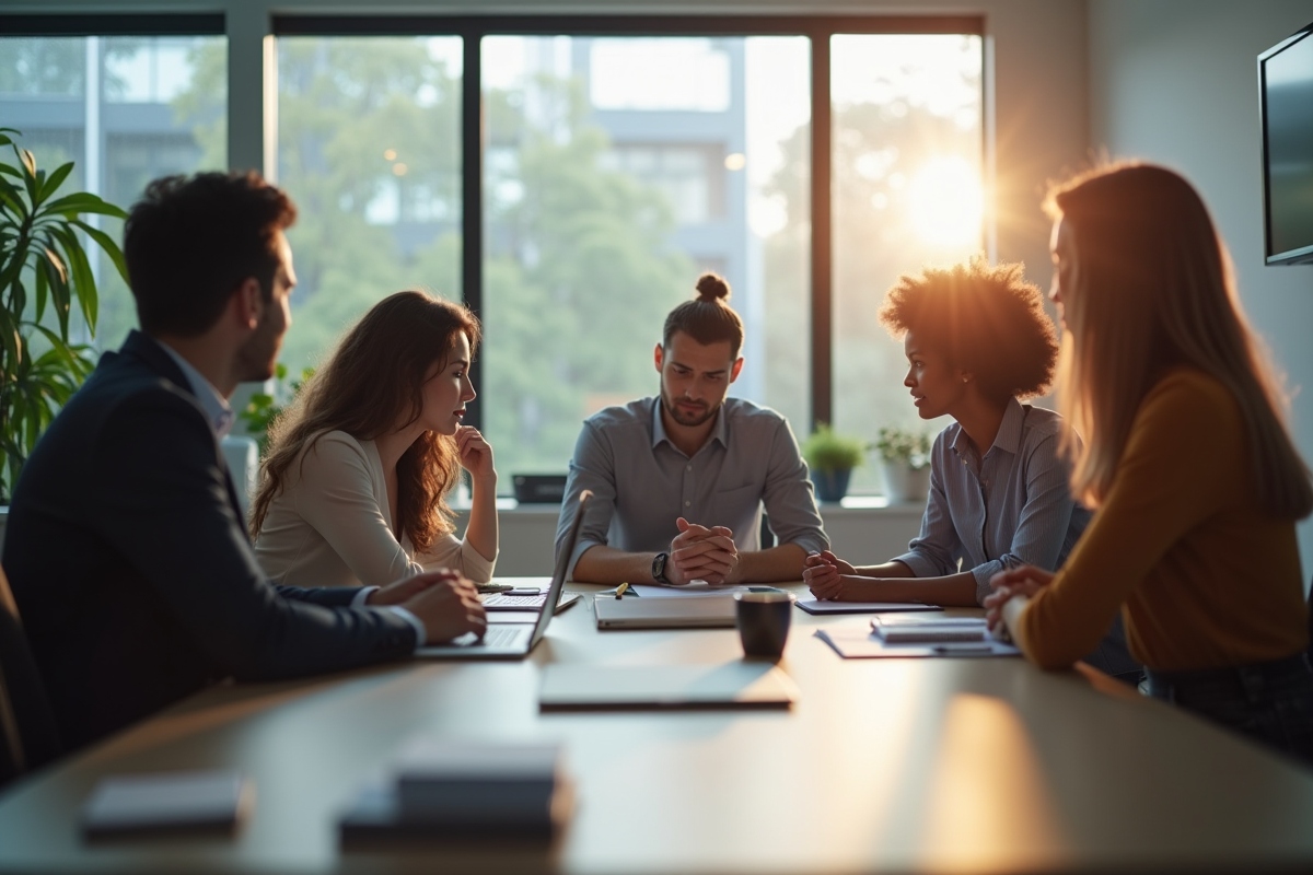 Groupe de collègues dans un bureau moderne en journée