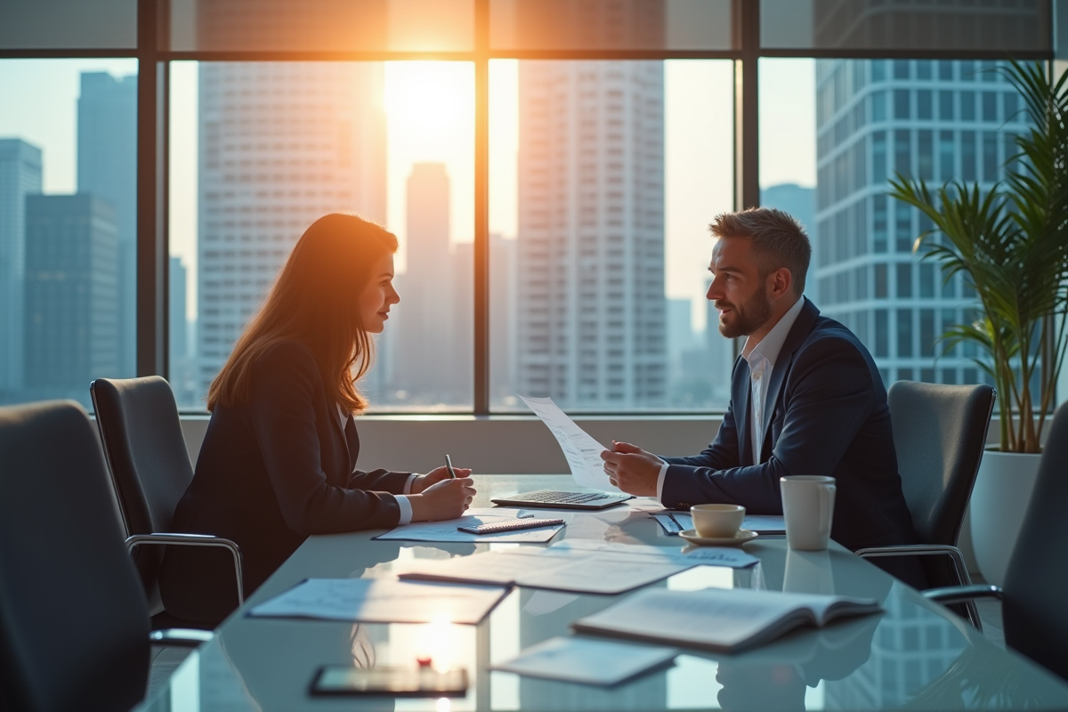 Espace de travail moderne avec deux professionnels discutant de documents financiers