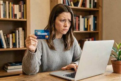 Femme frustrée tenant une carte Illicado refusée devant son ordinateur portable lors d'un achat Amazon