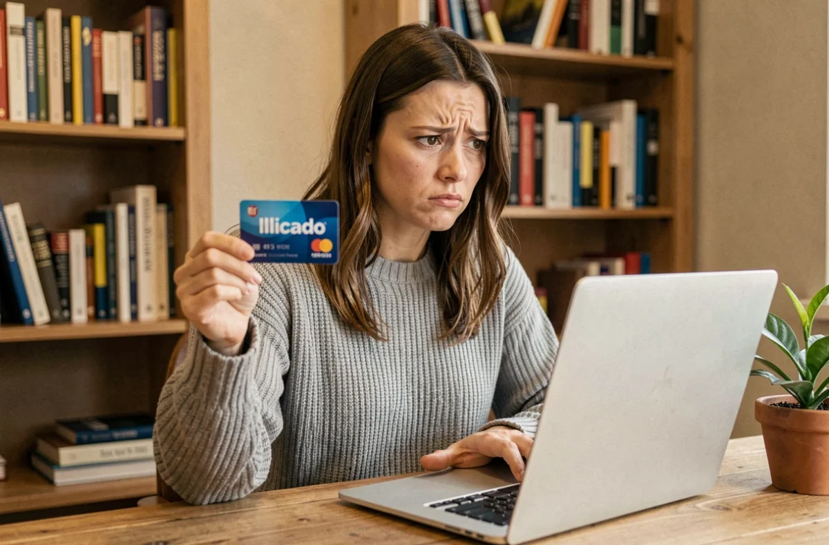 Femme frustrée tenant une carte Illicado refusée devant son ordinateur portable lors d'un achat Amazon