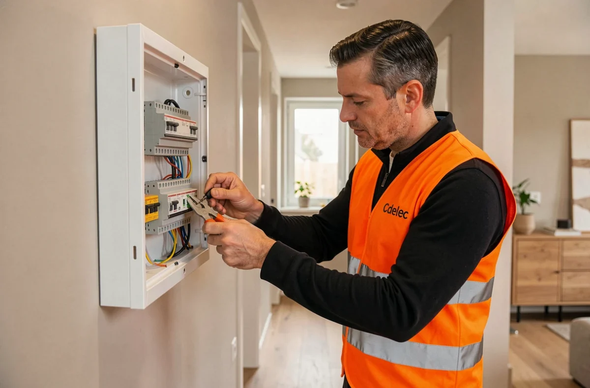 Électricien de Cdelec installant un tableau électrique domotique dans une maison moderne