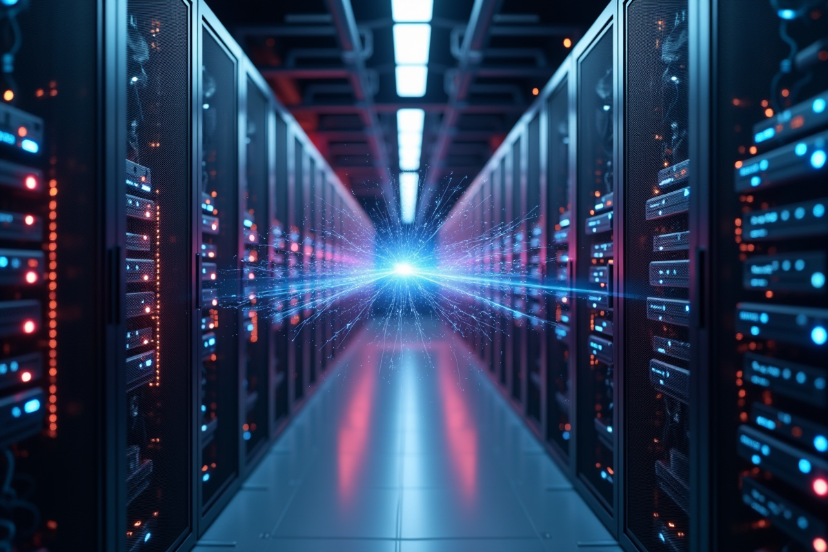 Centre de données futuriste avec racks et effets quantiques