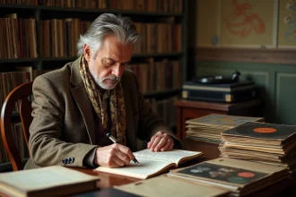 Chanteur d'âge moyen dans un décor vintage avec vinyles