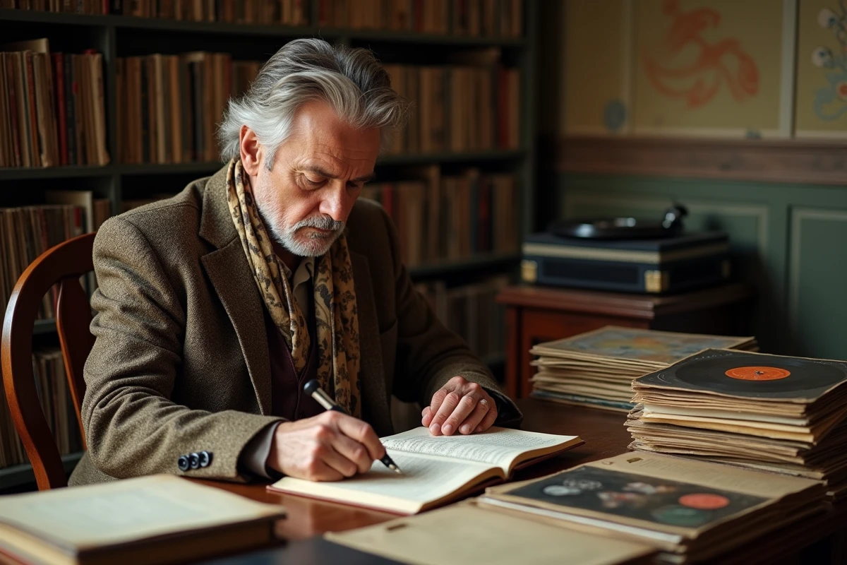 Chanteur d'âge moyen dans un décor vintage avec vinyles