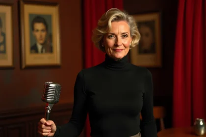 Femme dans un cabaret parisien vintage avec microphone rétro années 60, ambiance chanson française