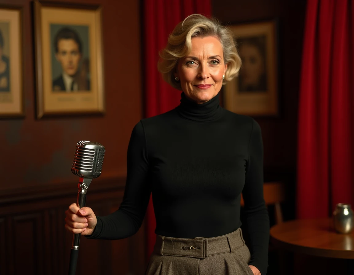 Femme dans un cabaret parisien vintage avec microphone rétro années 60, ambiance chanson française