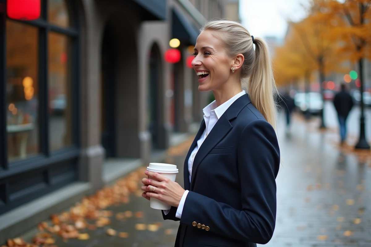 Chanteuse canadienne souriante en extérieur dans une rue d'automne à Montréal avec feuilles d'érable
